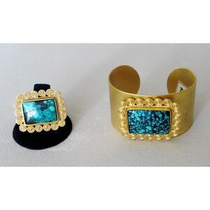 Bracelet and Adjustable Ring 2 Pieces Set Gold Plated with Turquoise Stones NWOT